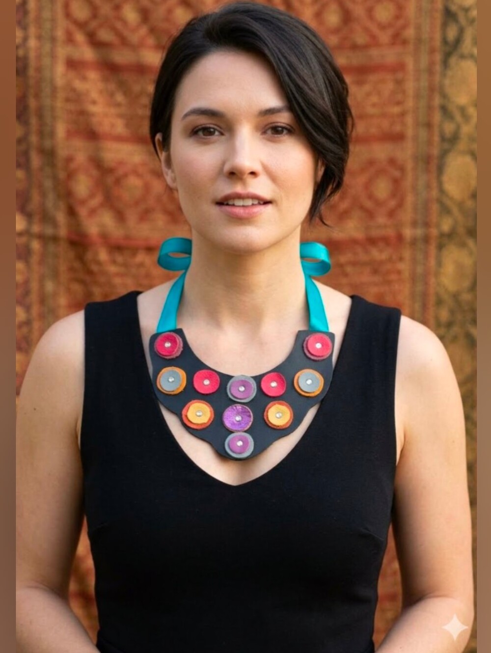 Handmade Genuine Leather Circles Bib Statement Necklace 069